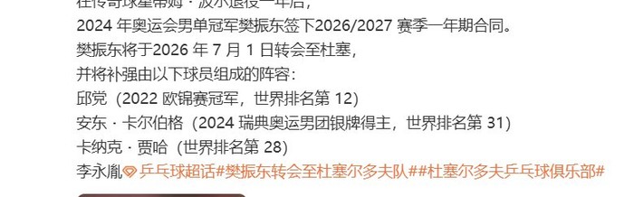 开云体登录-樊振东7月1日转会杜塞尔多夫，携手邱党卡尔伯格贾哈|新赛季|卡纳克·贾哈|萨尔布吕肯|男单冠军|兵乓球_新浪体育_新浪新闻
